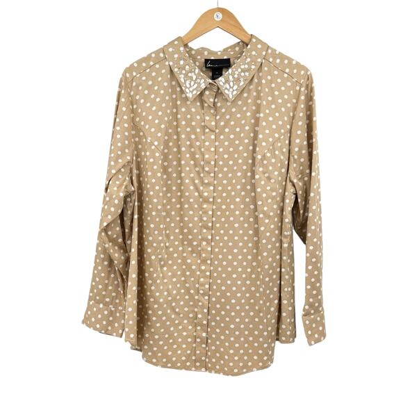 Lane Bryant NWT Tan & White Polka Dot Rhinestone Jewel Collar Button Up Shirt - Picture 5 of 11